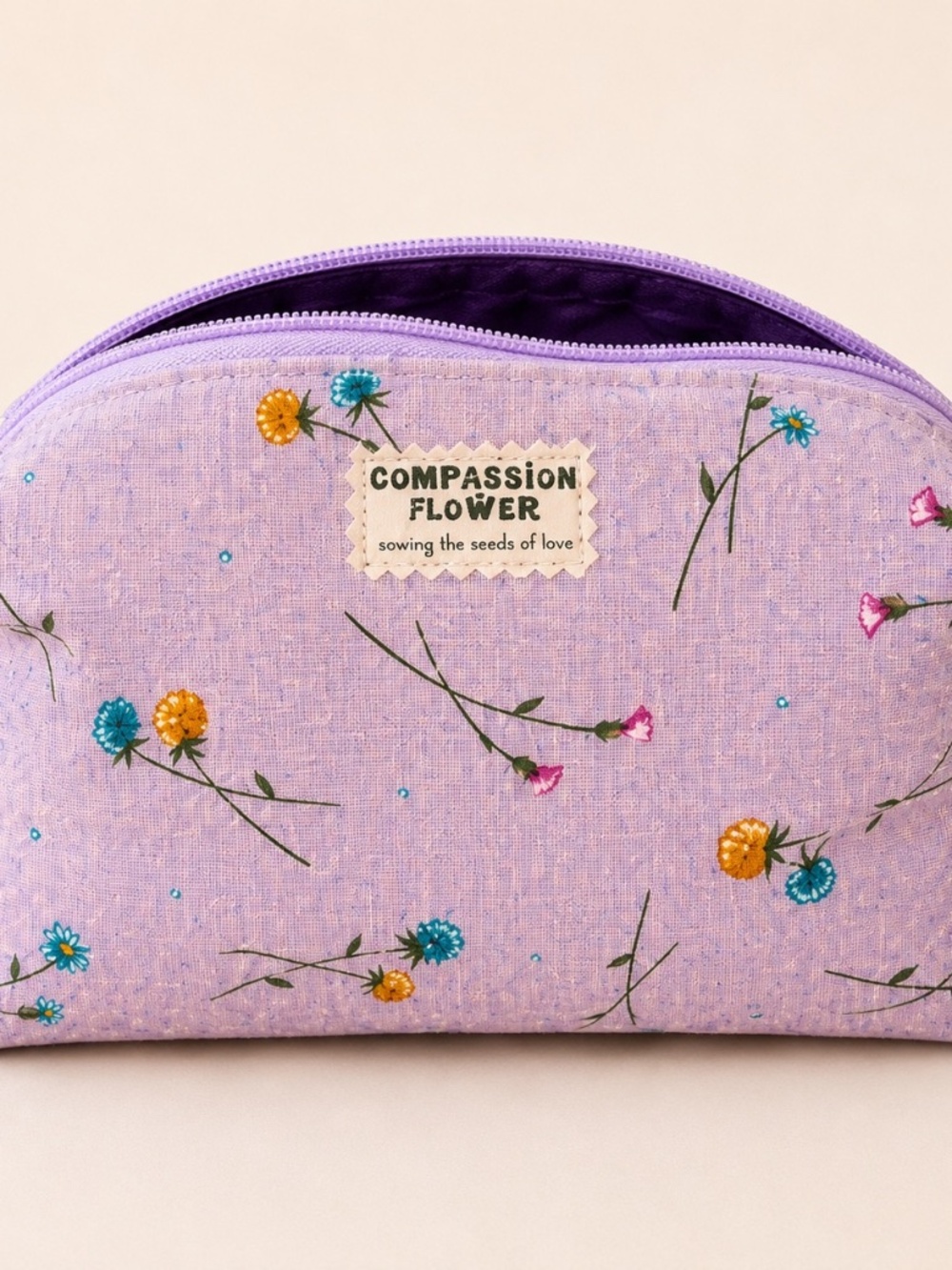 Compassion Flower Handmade Lavender Floral Cosmetic Bag | Lined Zipper Pouch | O